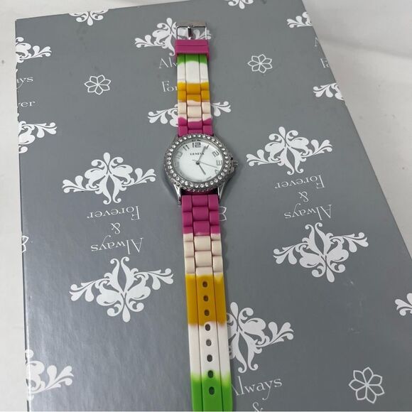 Geneva 5373 Multi Color Silicone Band Rhinestone Face Stainless Steel Watch - Picture 5 of 11